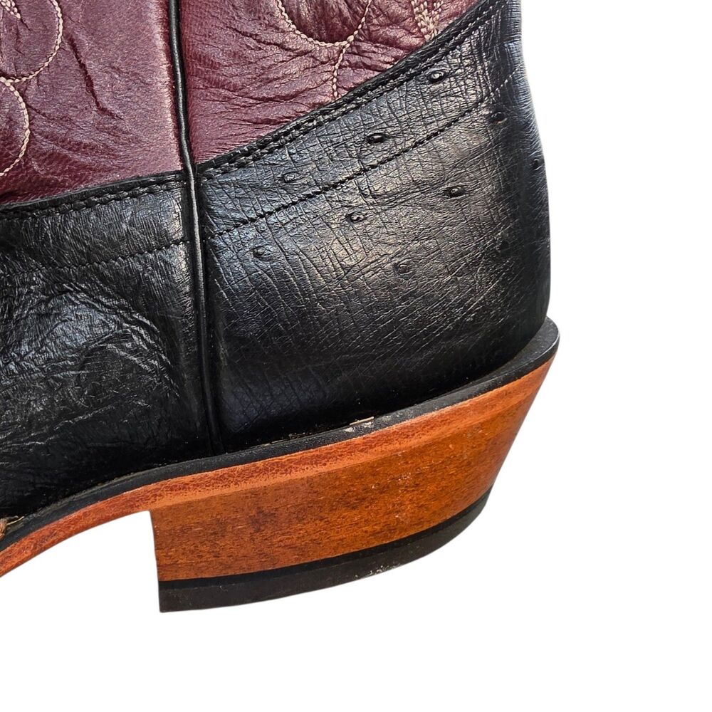 Olathe Western Boots Size 13D Black Smooth Ostrich Burgundy Shaft Square Toe - Picture 3 of 10